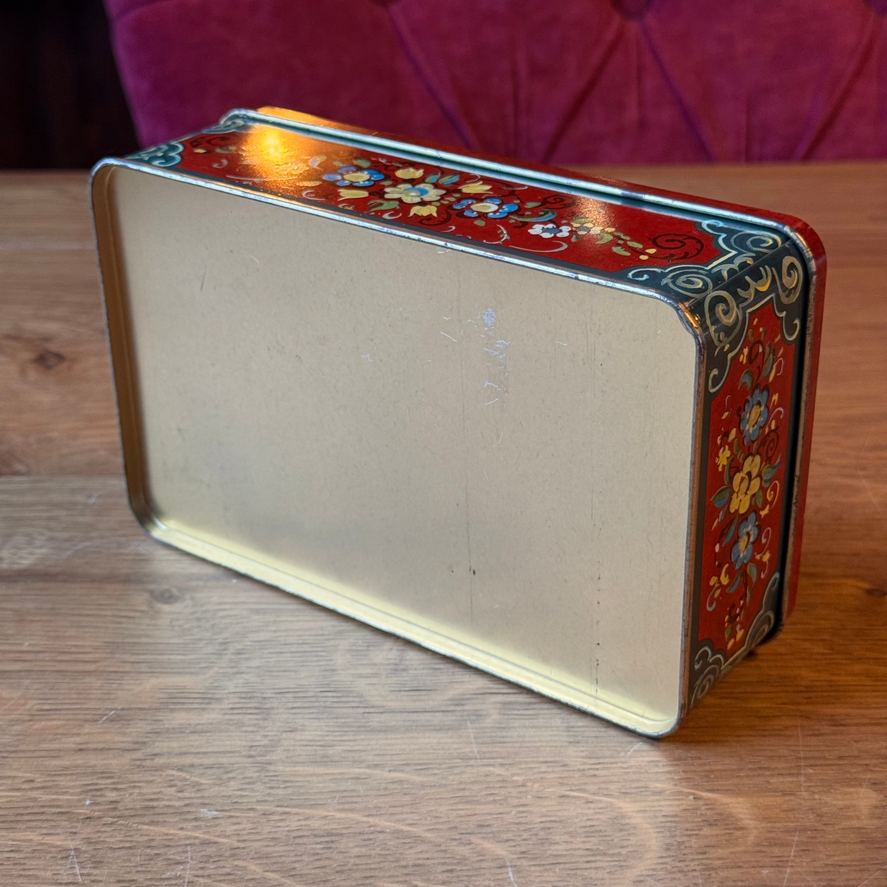 Vintage, handbemalte Blechdose mit Vogel- und Blumenmotiv