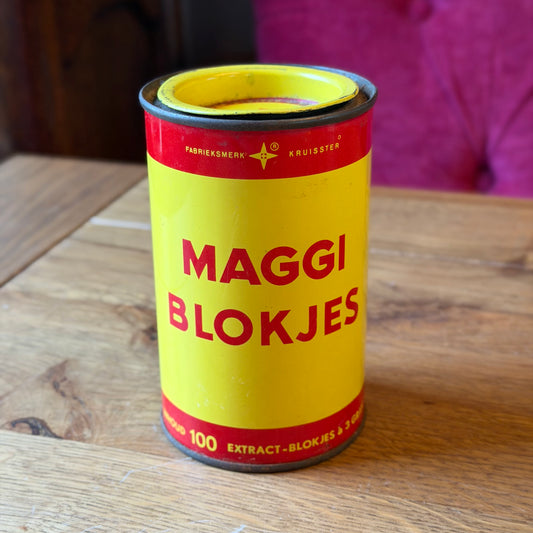 Vintage Maggi Blokjes blik – geel/rood kruidenblik – Nestlé Nederland