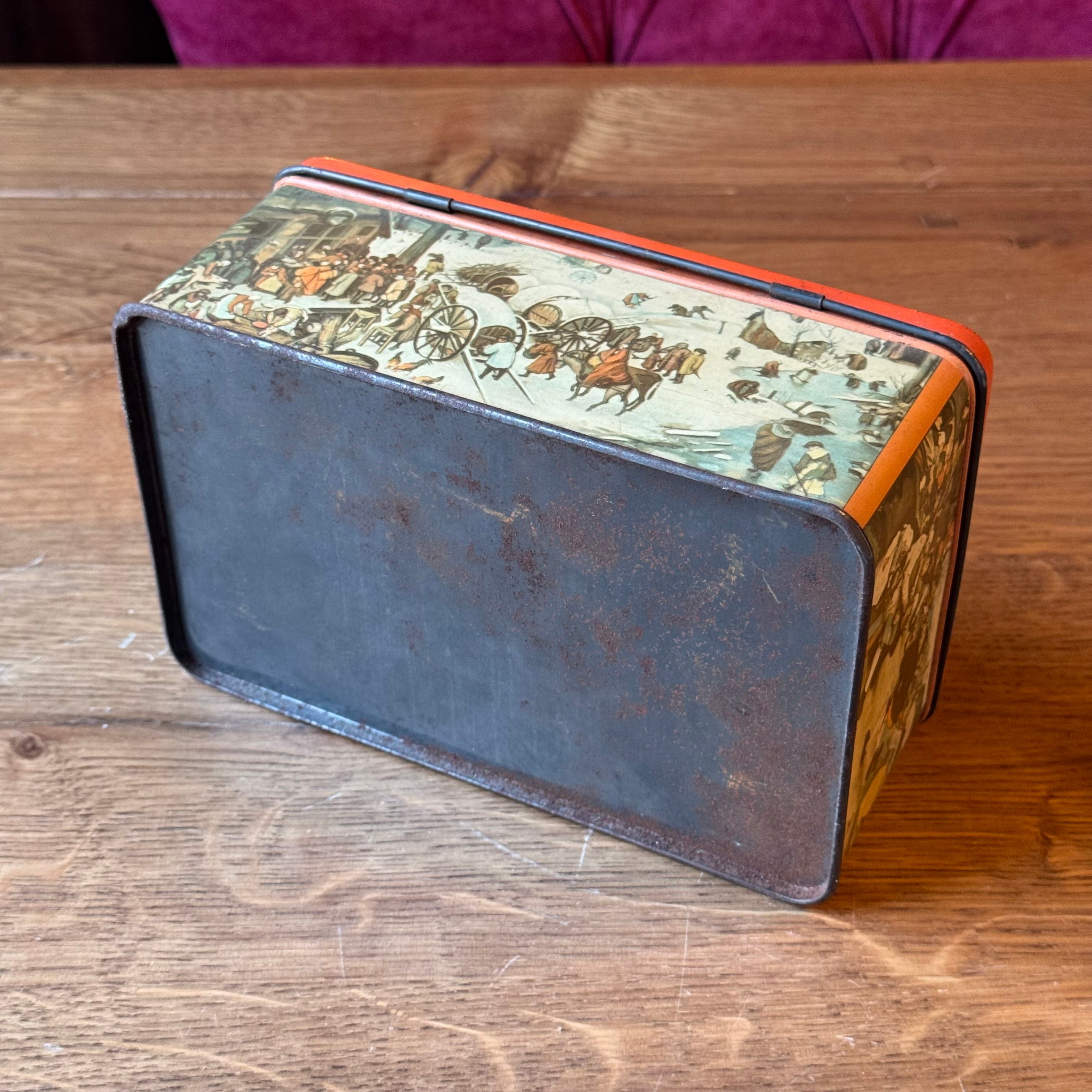 Antique Decorative Tin with Bruegel-esque Scene Illustrations