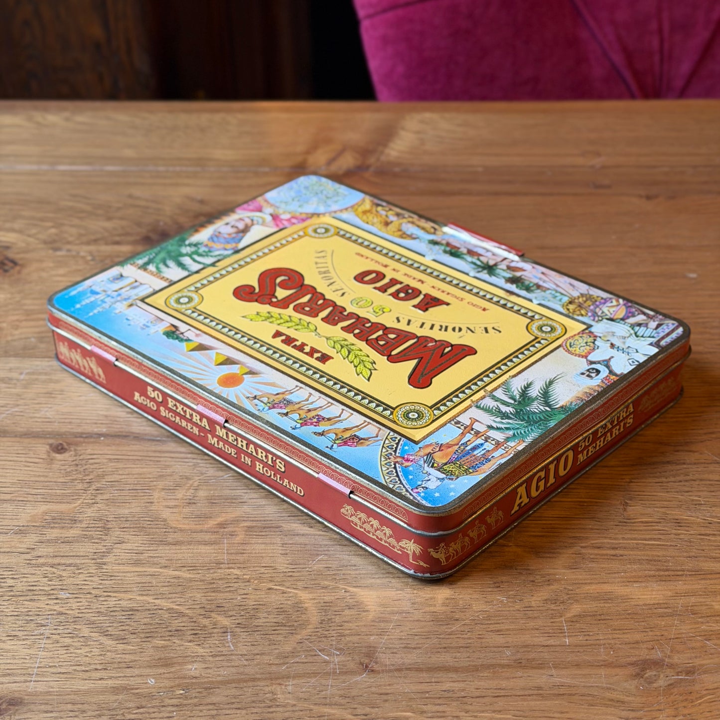 Vintage sigarenblik AGIO “Extra Mehari’s” – 50 Senoritas – lithografisch blik