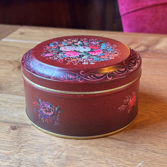 Vintage Barringer, Wallis &amp; Manners Tin - Red Crackle with Flowers (1950s/1960s)