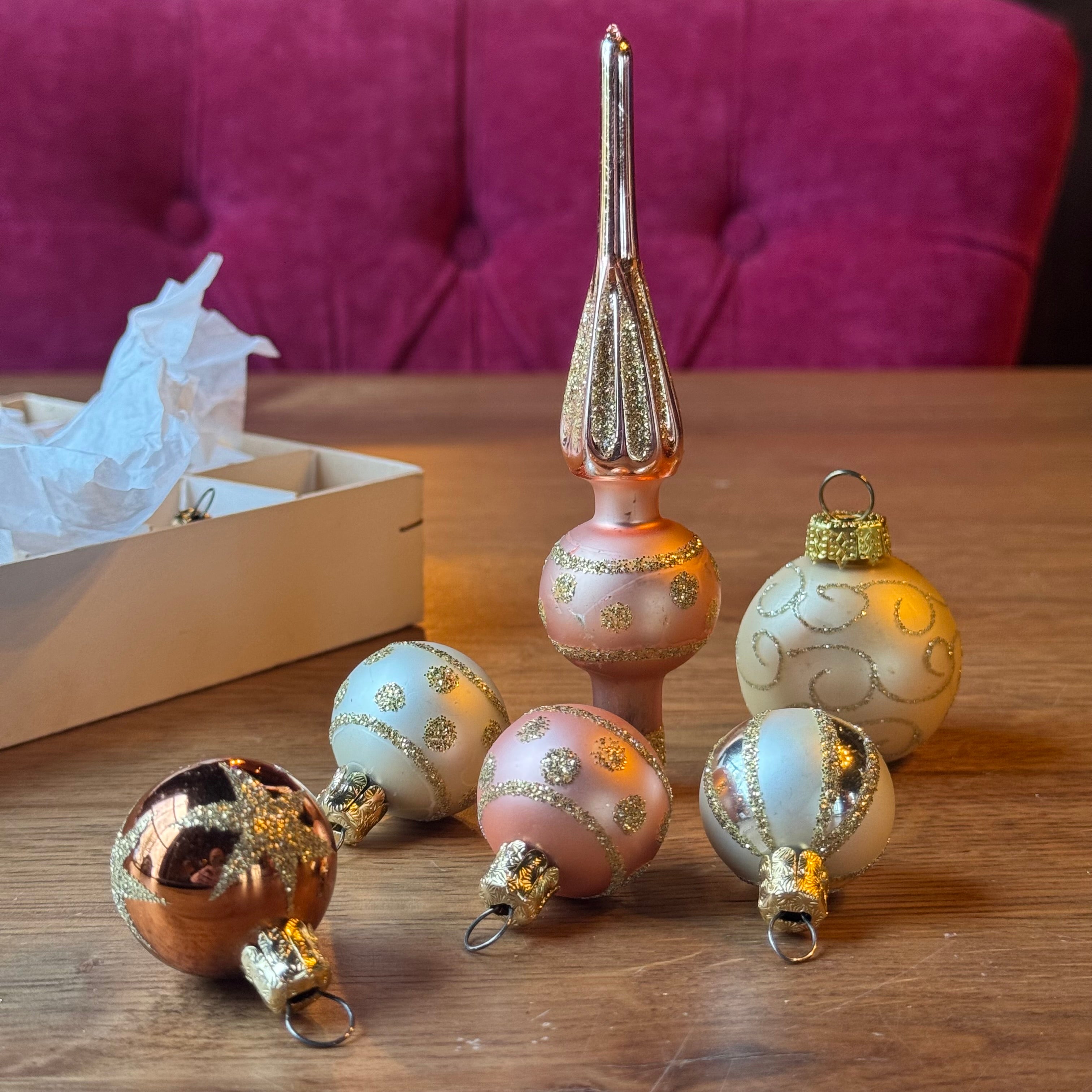 Vintage Kerstballen Set Roze Goud | Piek & Ornamenten | Jaren 50 Glas