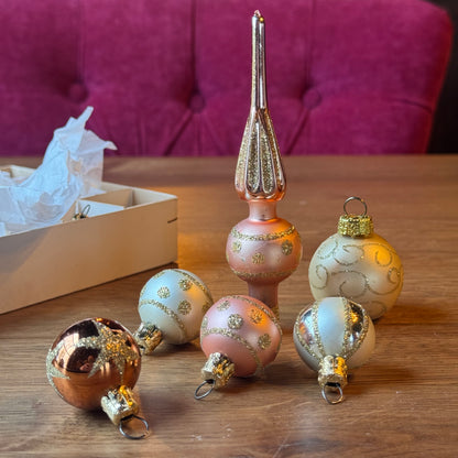Vintage Kerstballen Set Roze Goud | Piek & Ornamenten | Jaren 50 Glas