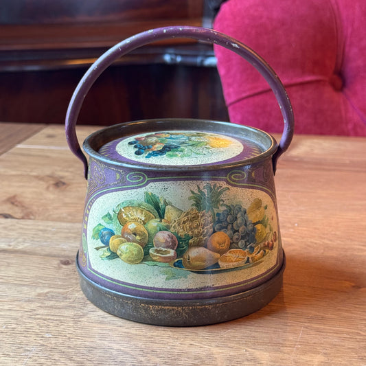Vintage English Tin with Handle - Fruit Still Life &amp; Purple (1950s)