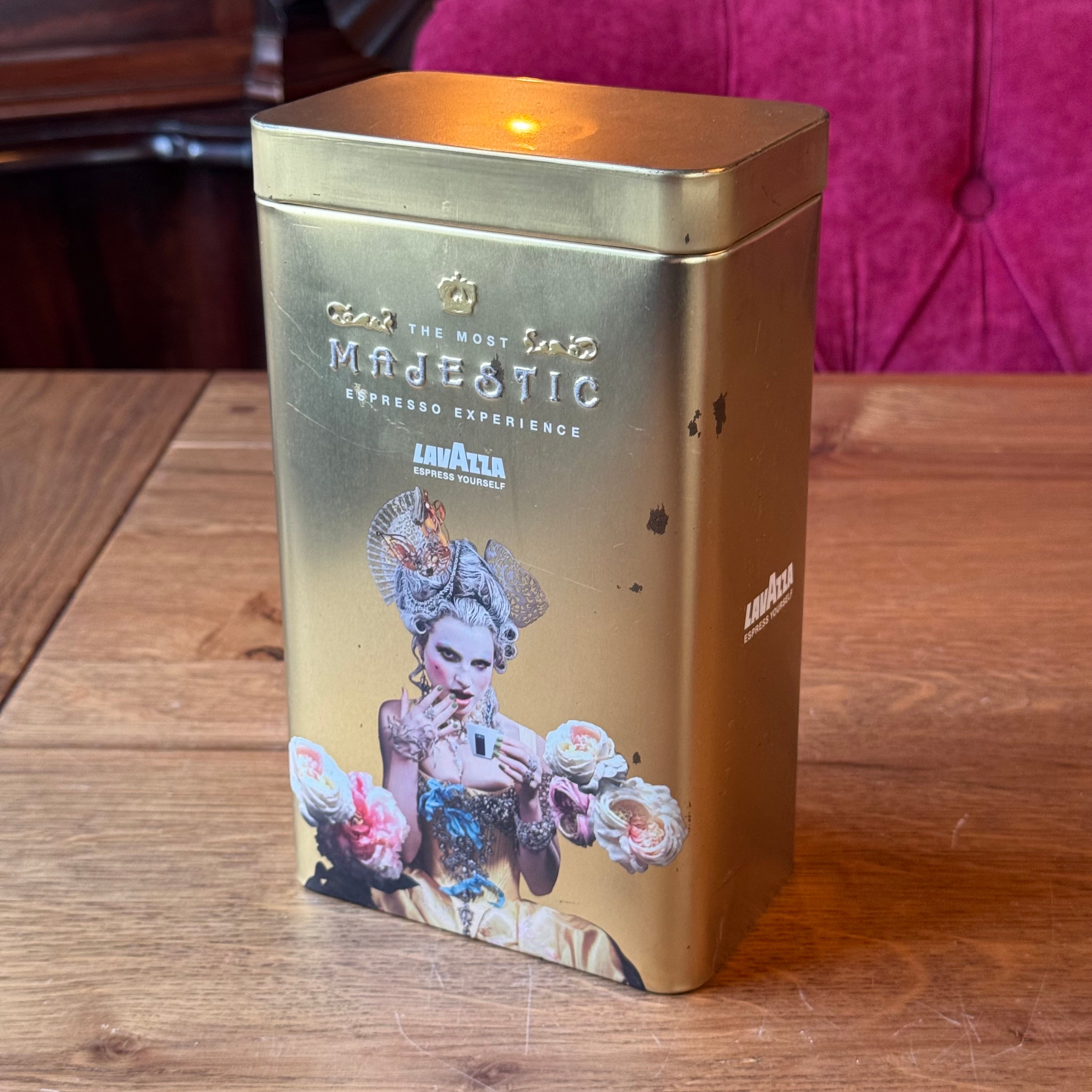 Lavazza “Majestic Espresso Experience” storage tin – gold-colored with baroque print