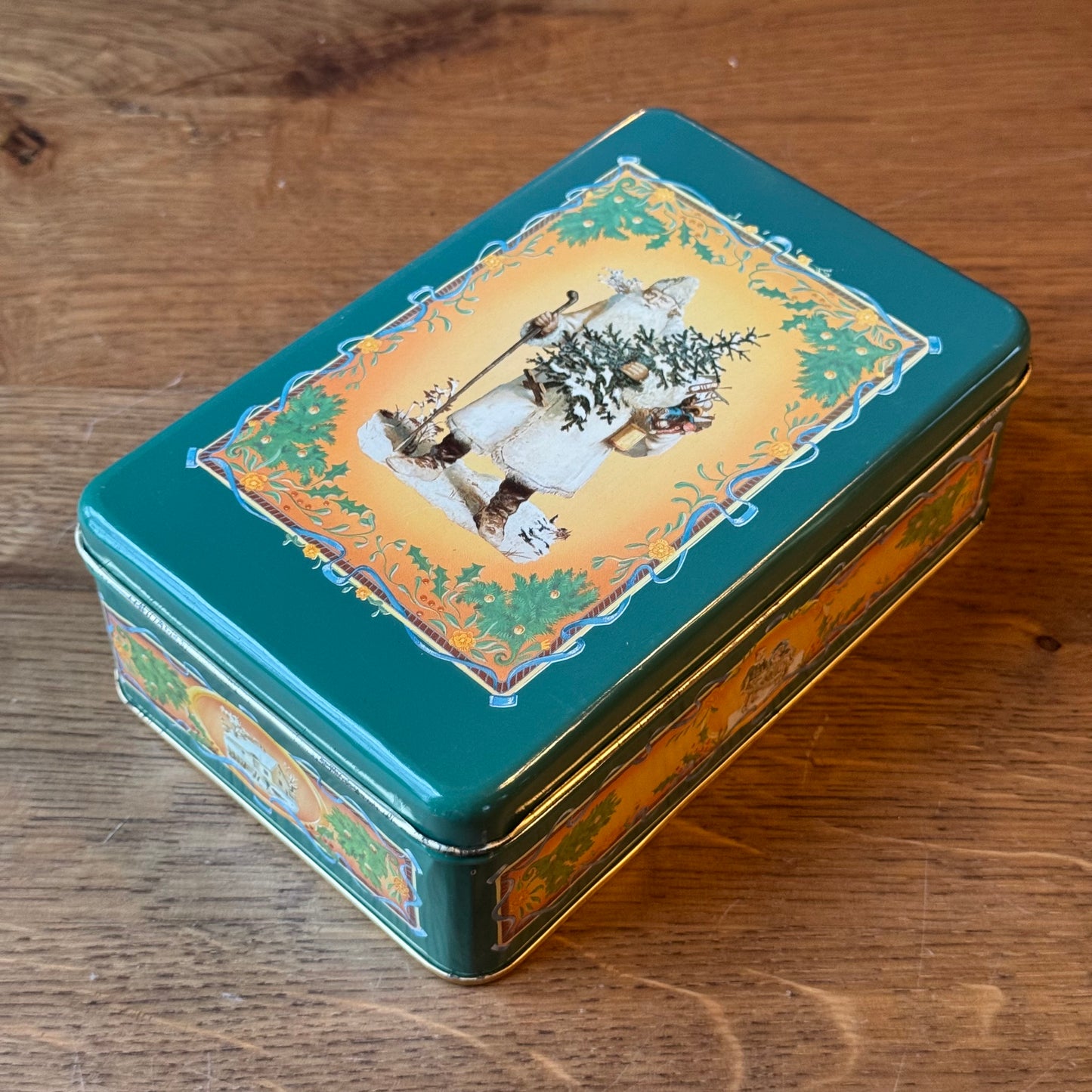 Vintage kerstblik met Sint Nicolaas illustratie – groen met goudkleurig interieur