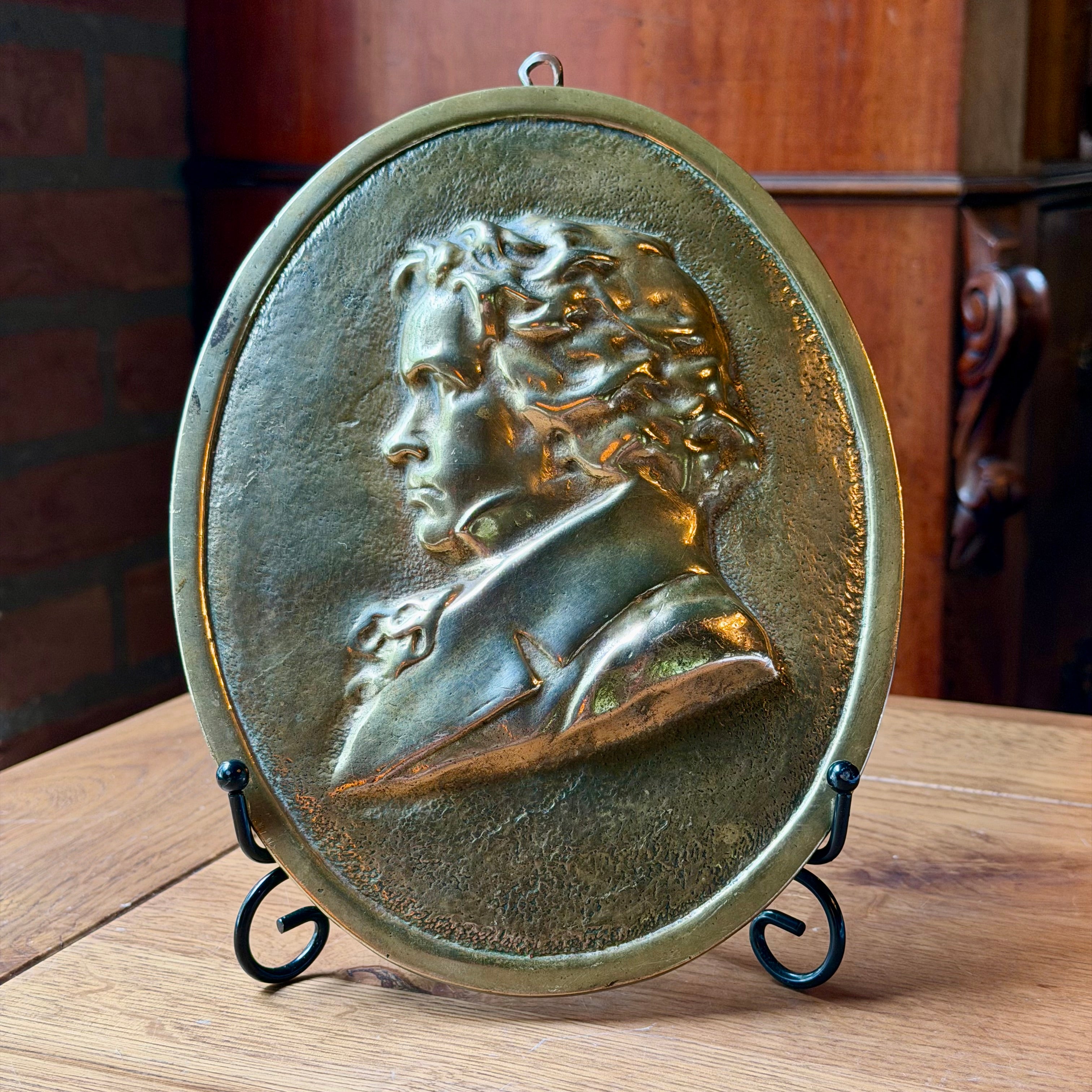 Koperen wandplaquette Beethoven profiel reliëf 19e eeuw