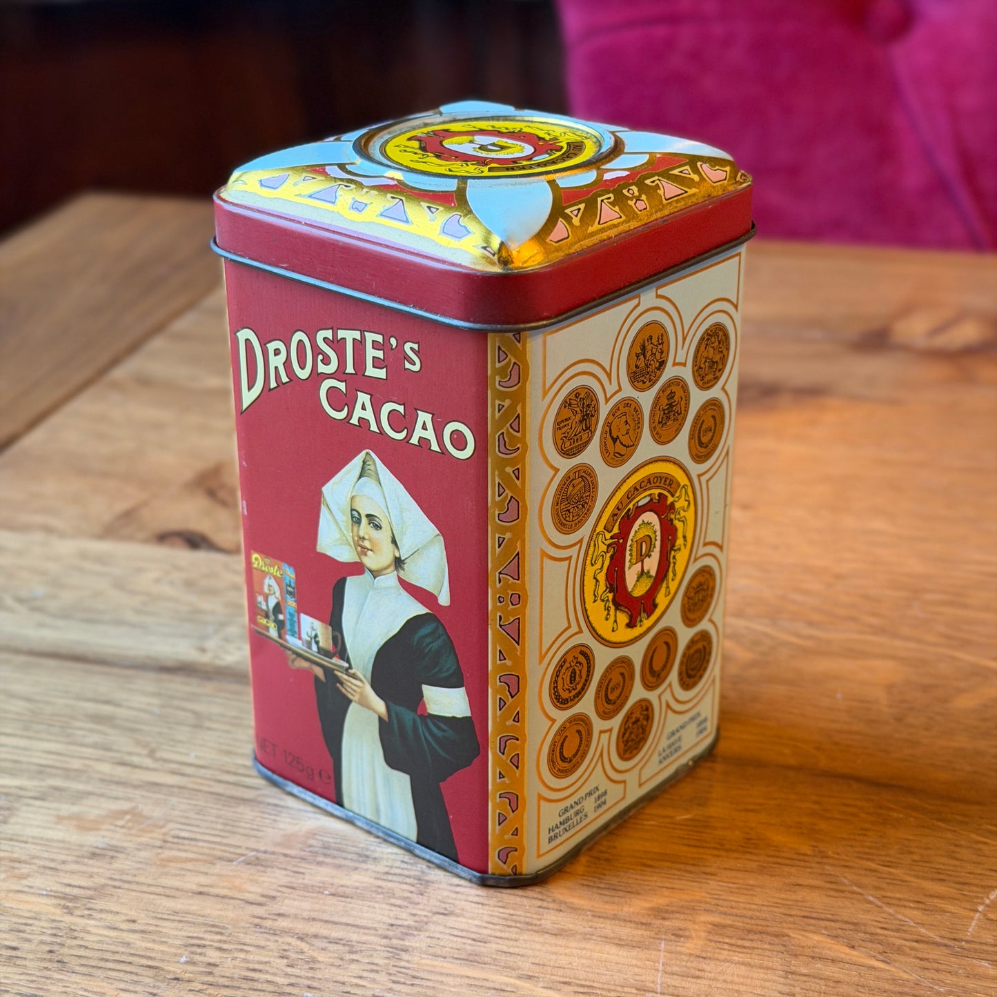 Antiek Droste’s Cocoa Blik met Opbollende Deksel en Cirkel – Exportuitvoering