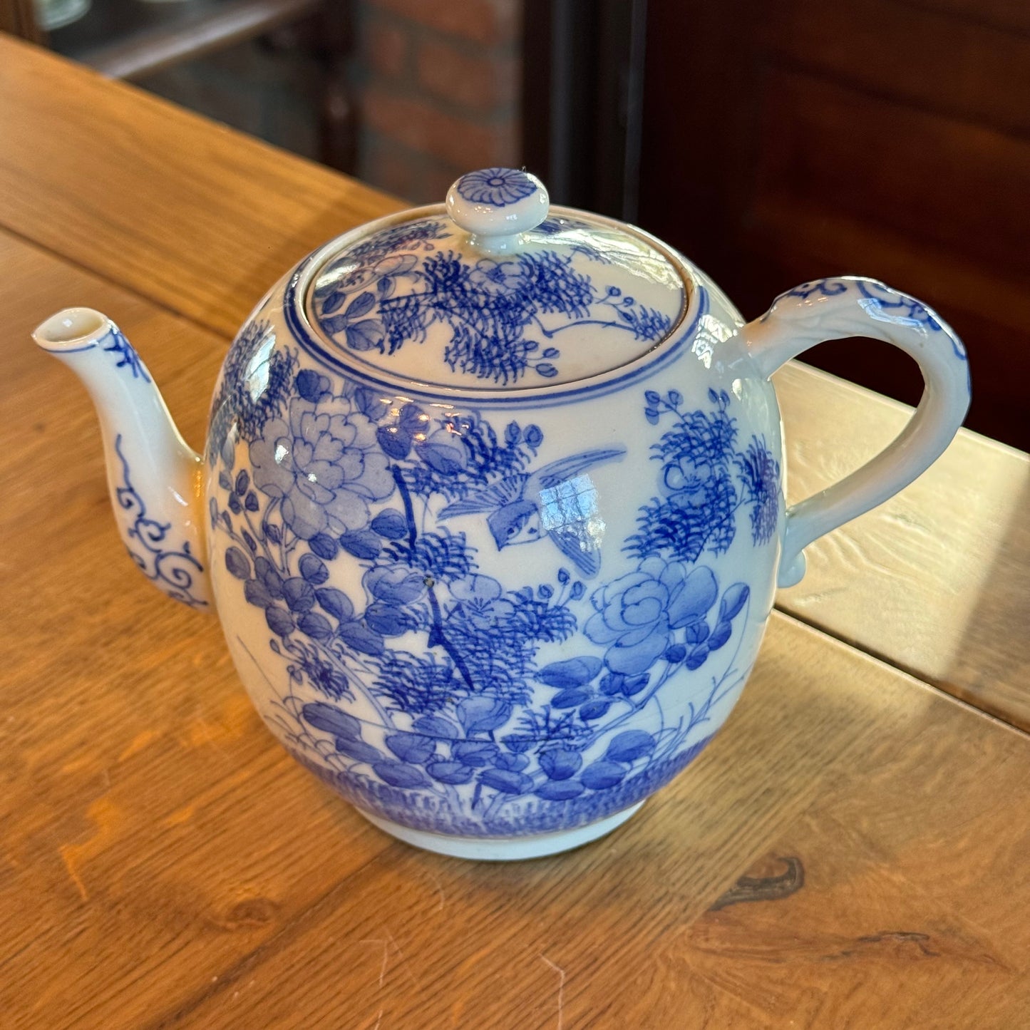 Blue and white Chinese teapot – bird and flowers – porcelain with lid