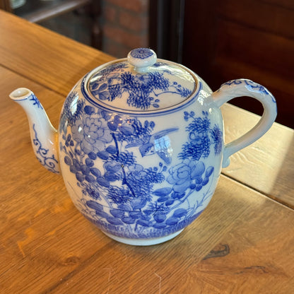 Blue and white Chinese teapot – bird and flowers – porcelain with lid
