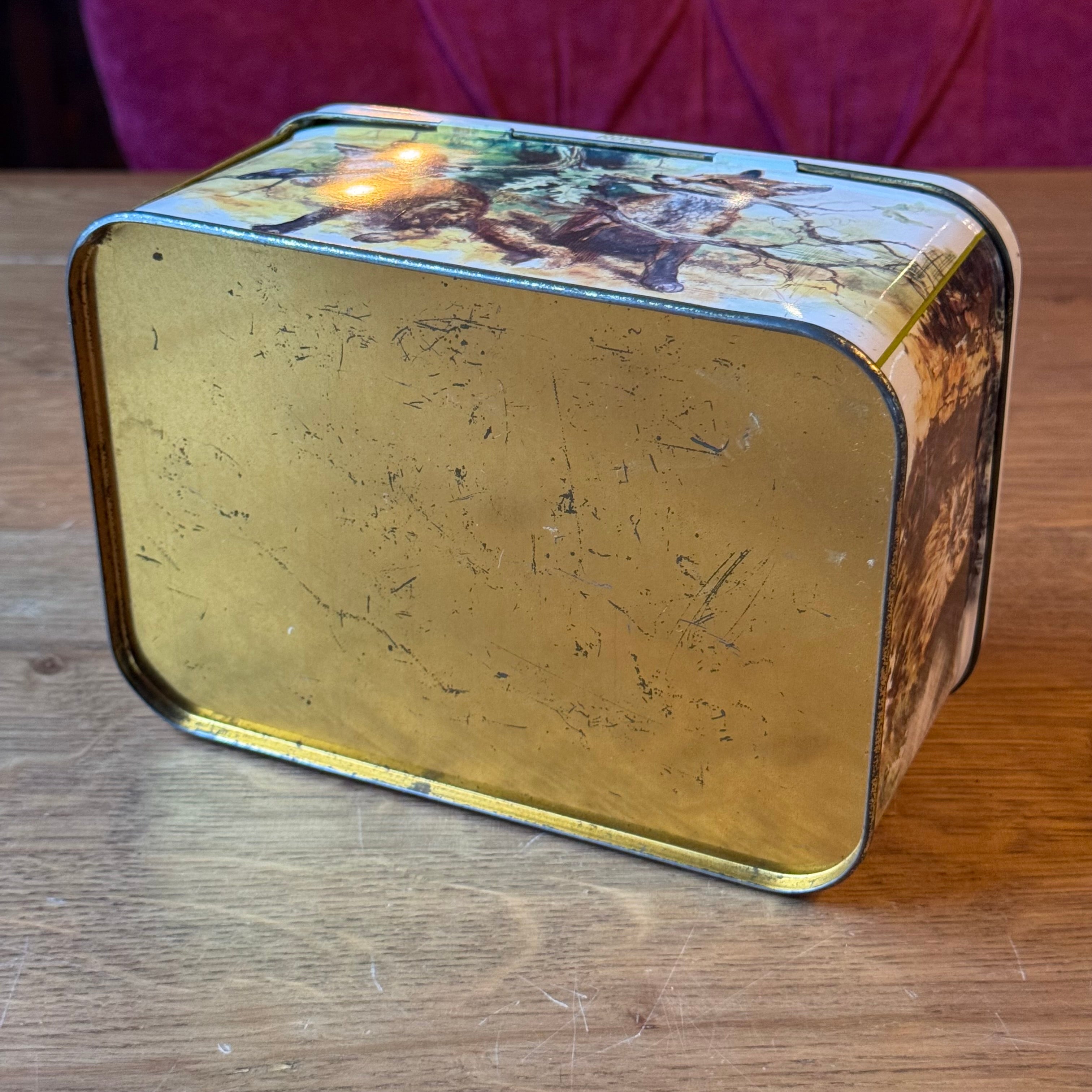 Vintage Royco Blechdose mit Waldtieren – rechteckige Aufbewahrungsbox aus Metall