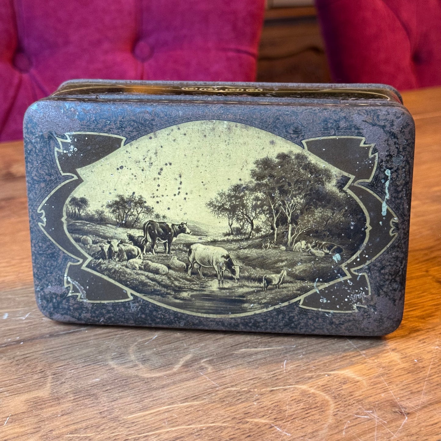 Antiek Jamin blik met landelijke scène – rechthoekig koekblik