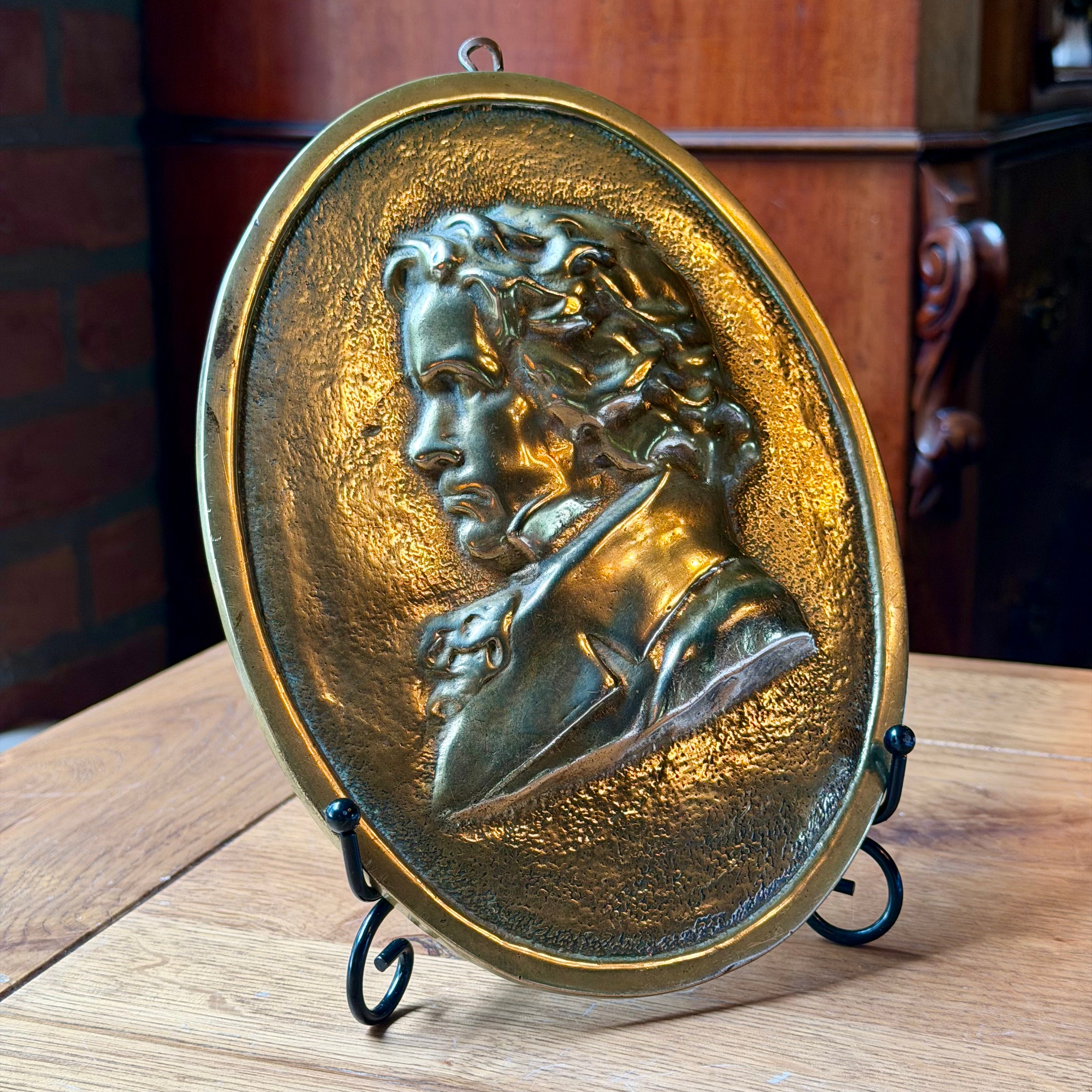Koperen wandplaquette Beethoven profiel reliëf 19e eeuw