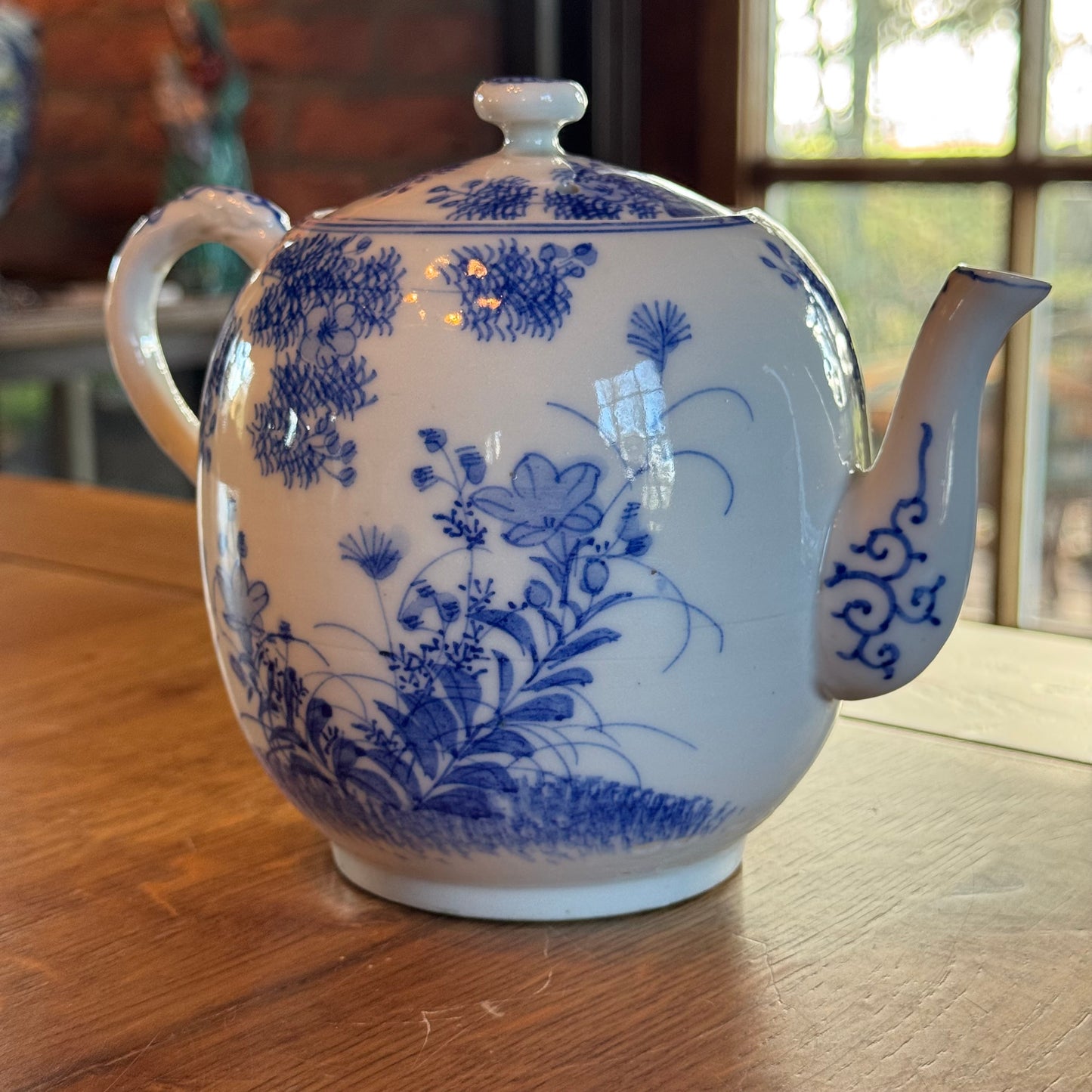 Blue and white Chinese teapot – bird and flowers – porcelain with lid