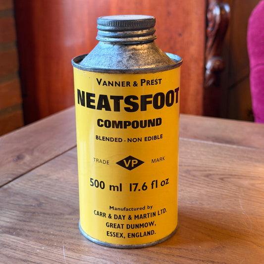 Vintage Neatsfoot Oil Blik – Vanner & Prest – Industriële Gele Olieverpakking (500 ml)