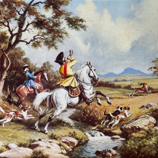 Large English hunting scene tin in red and gold, Great Britain