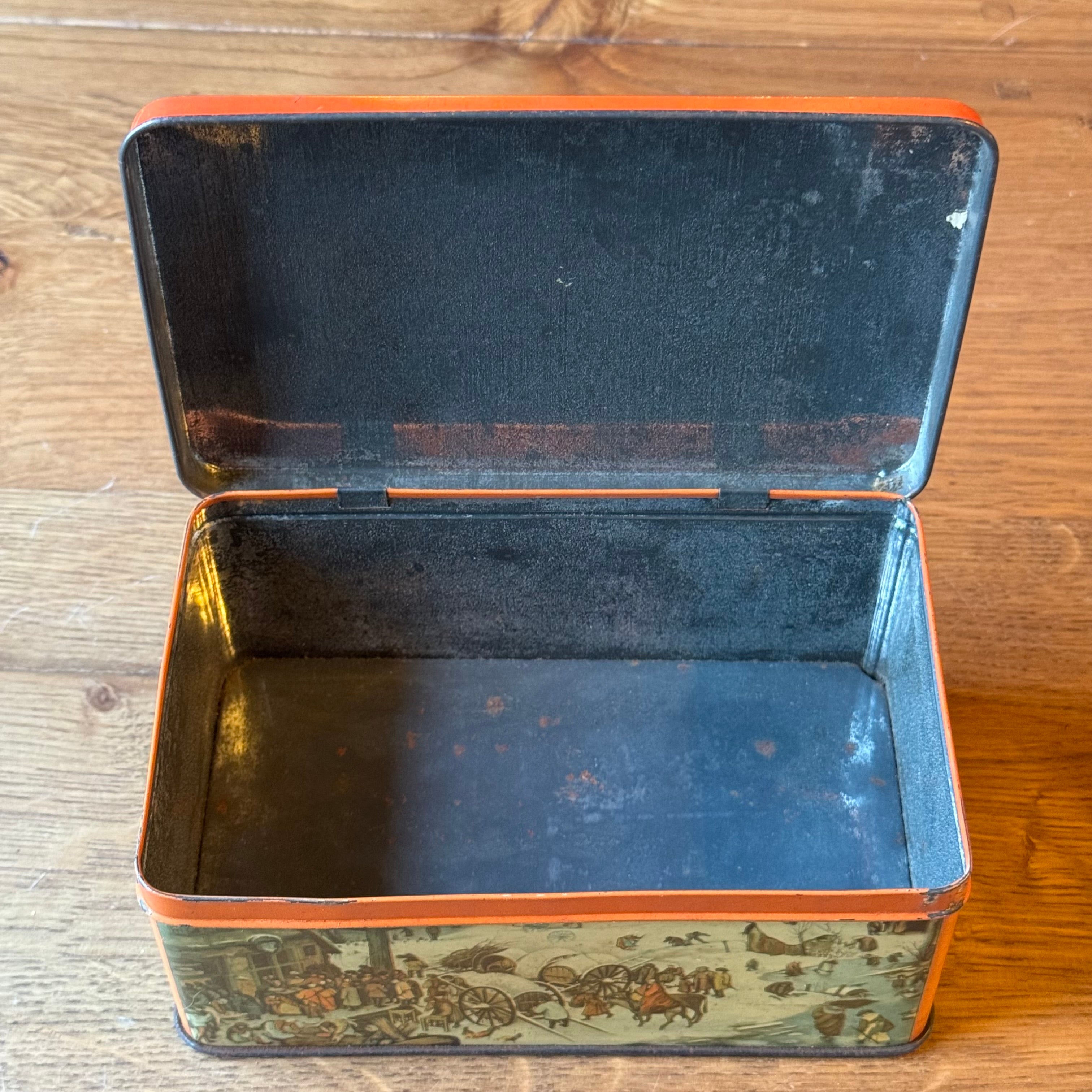 Antique Decorative Tin with Bruegel-esque Scene Illustrations