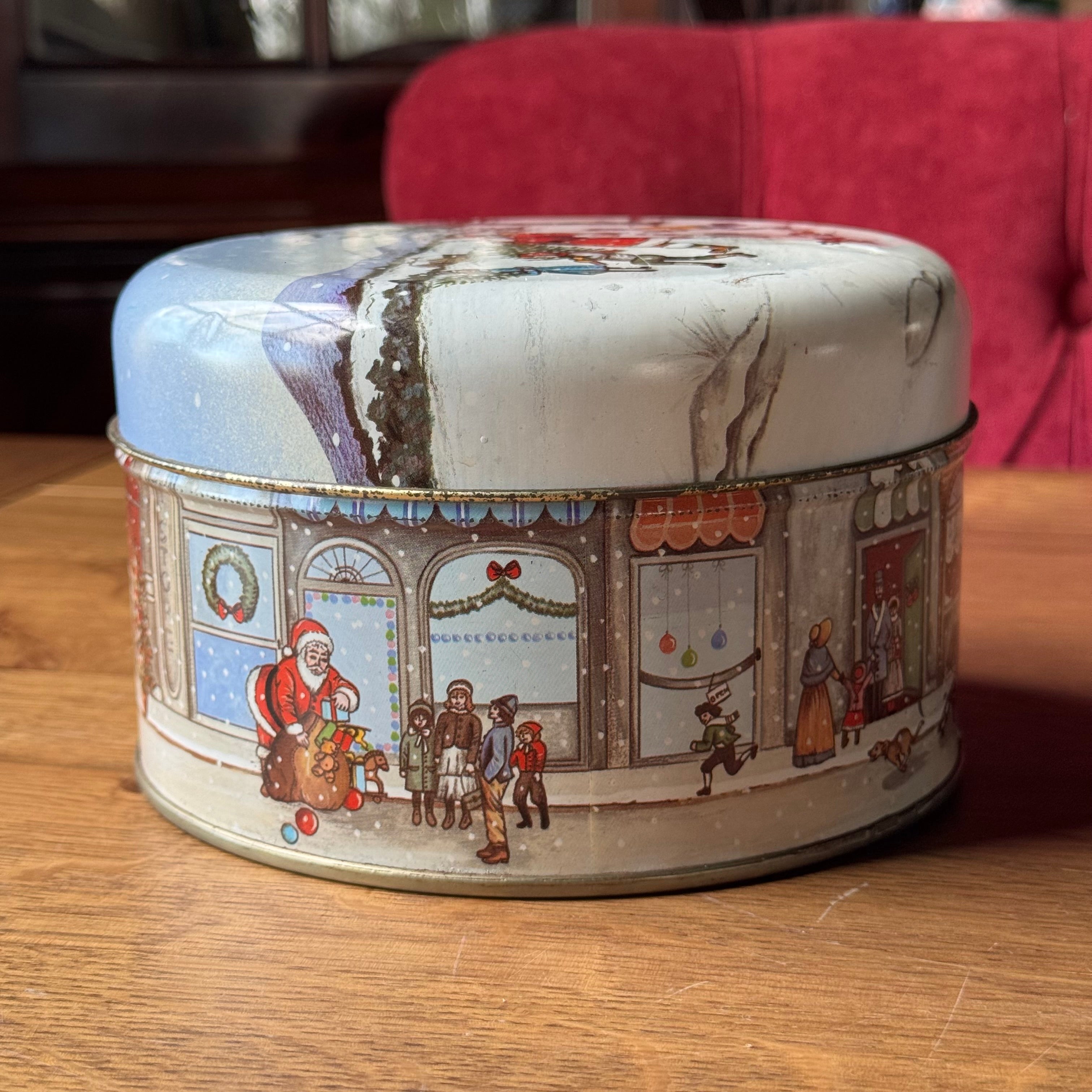 Vintage Christmas Tin – Large Round Cookie Jar with Dickens-style Illustrations