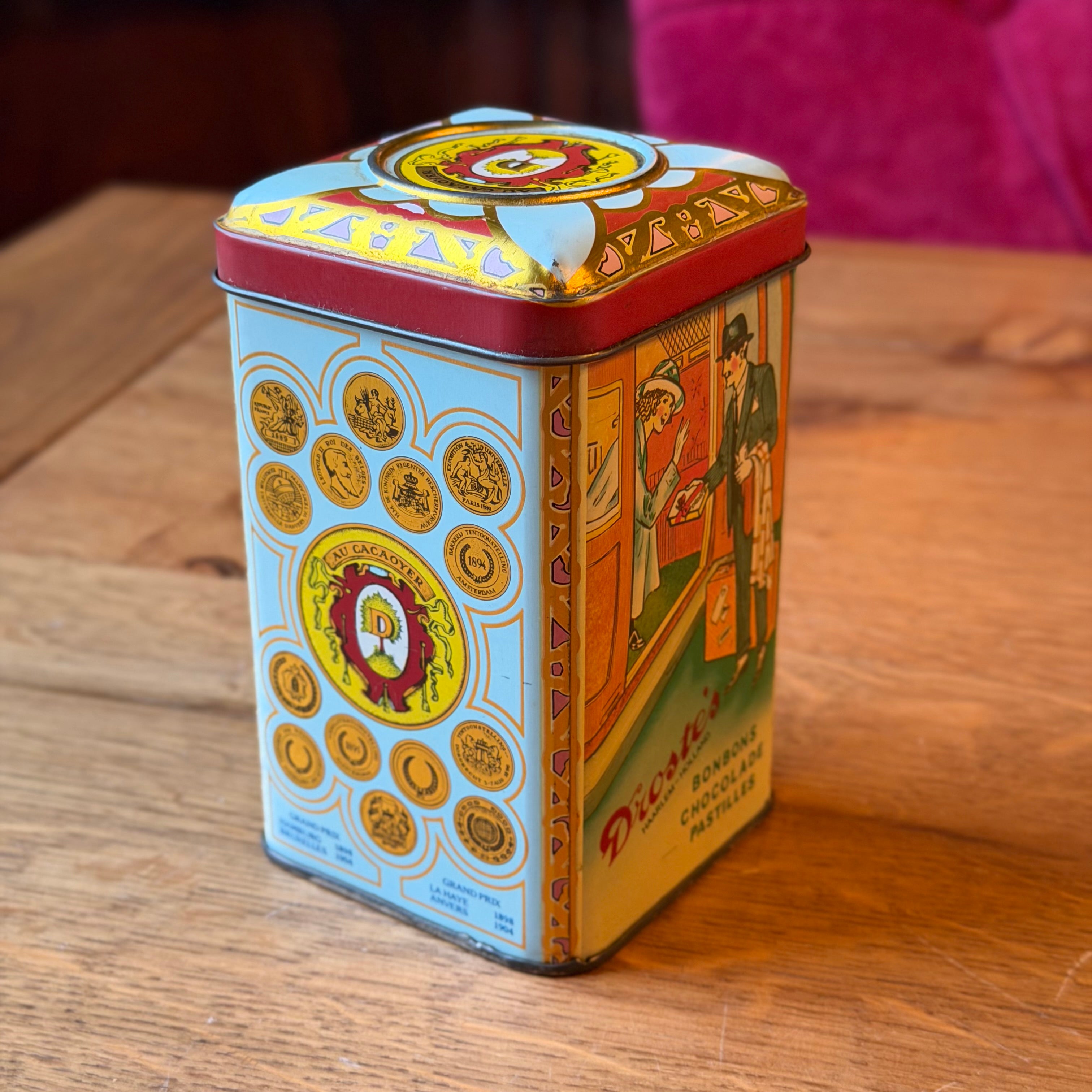 Antiek Droste’s Cocoa Blik met Opbollende Deksel en Cirkel – Exportuitvoering