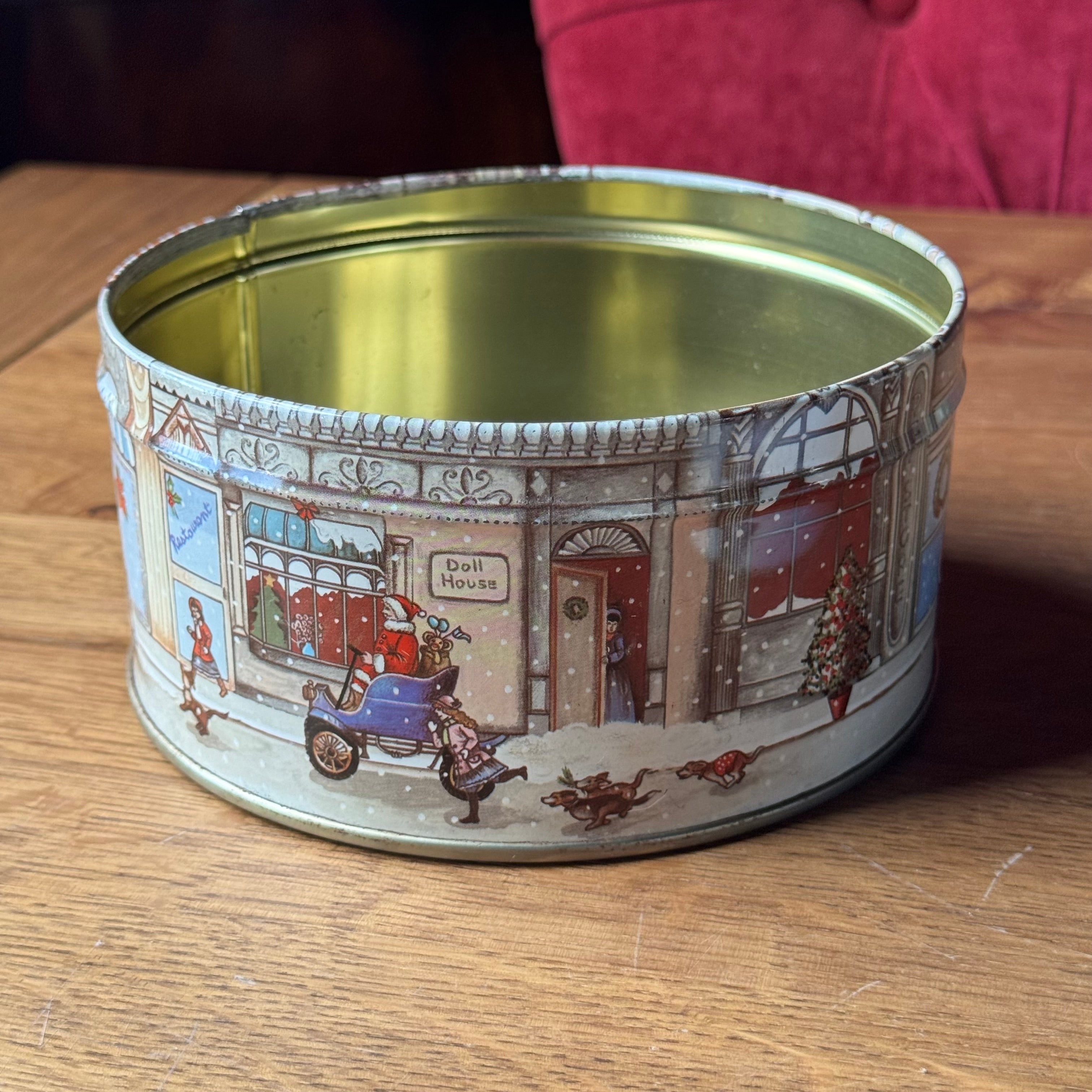 Vintage Christmas Tin – Large Round Cookie Jar with Dickens-style Illustrations