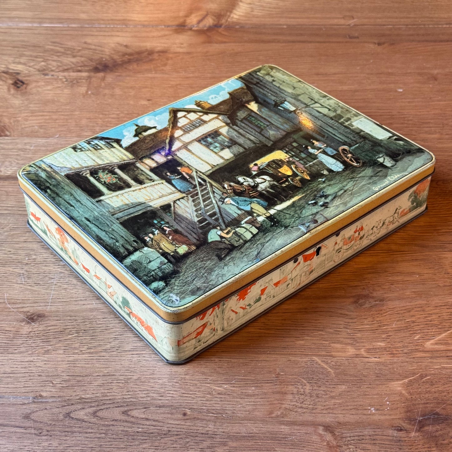 Vintage Victoria biscuit tin – carriage and inn scene – rectangular