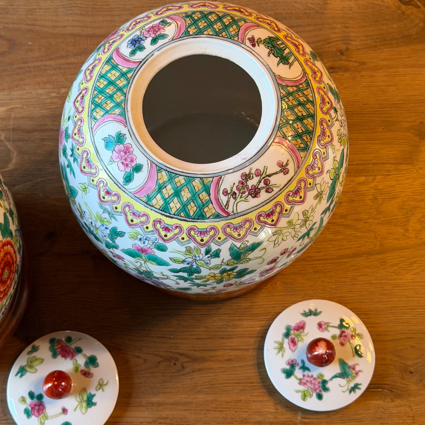 Pair of Vintage Chinese Porcelain Lidded Jars with Flowers &amp; Birds – Famille Rose Style