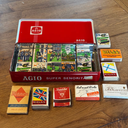 Agio Super Señorita tin with vintage matchboxes and rolling papers – 1960s