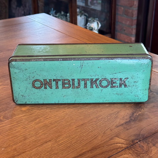 Industrieel ontbijtkoekblik – groen met zwarte letters – ca. 1940–1950