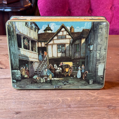 Vintage Victoria biscuit tin – carriage and inn scene – rectangular