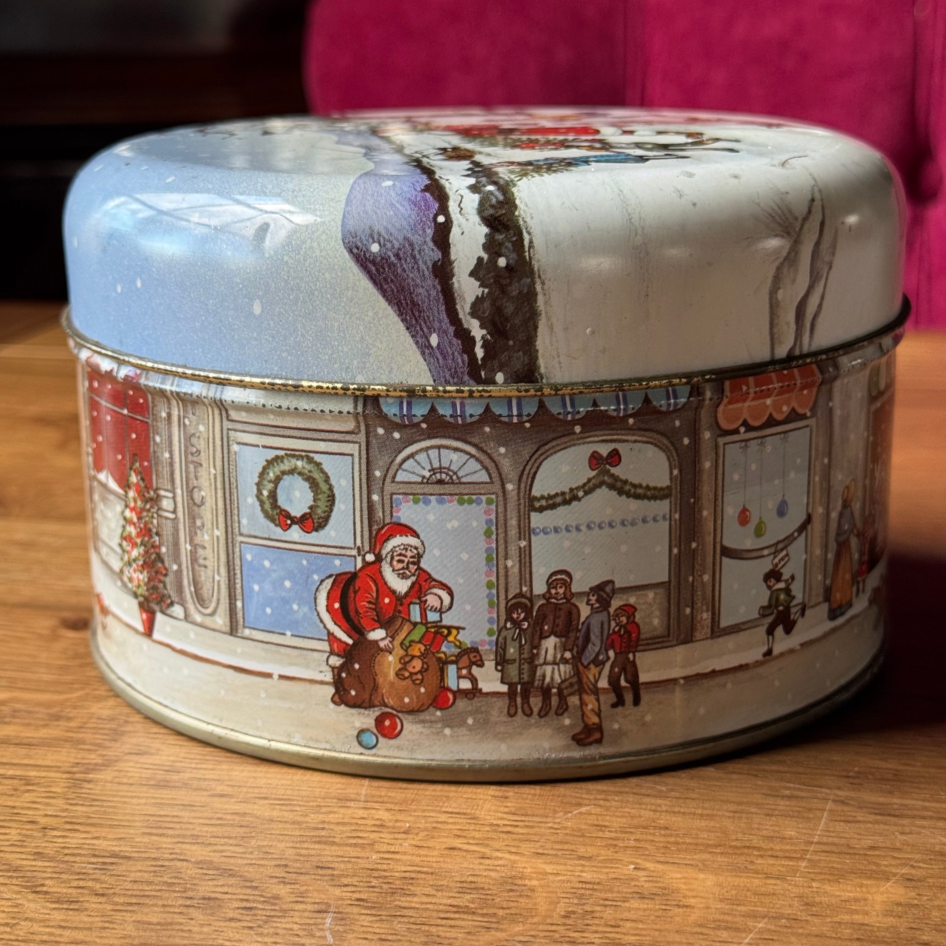 Vintage Christmas Tin – Large Round Cookie Jar with Dickens-style Illustrations