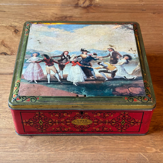 Large red Goya tin with 18th century dance scene, Demaret Confiserie