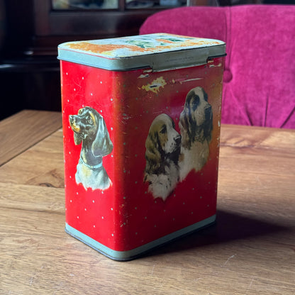 Vintage hondenblik – blik met spaniel & terrier illustraties (jaren 50–60)