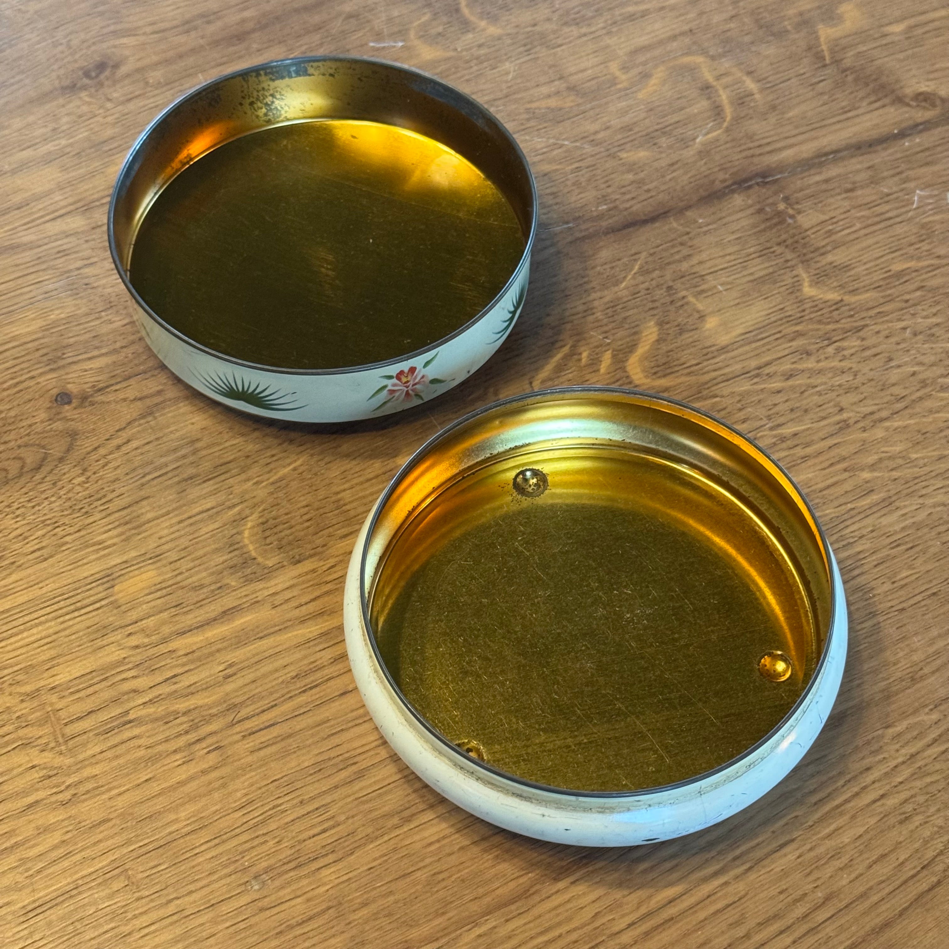 Runde Dose mit Paradiesvögeln – exotische Vintage-Dose, ca. 1950–1960