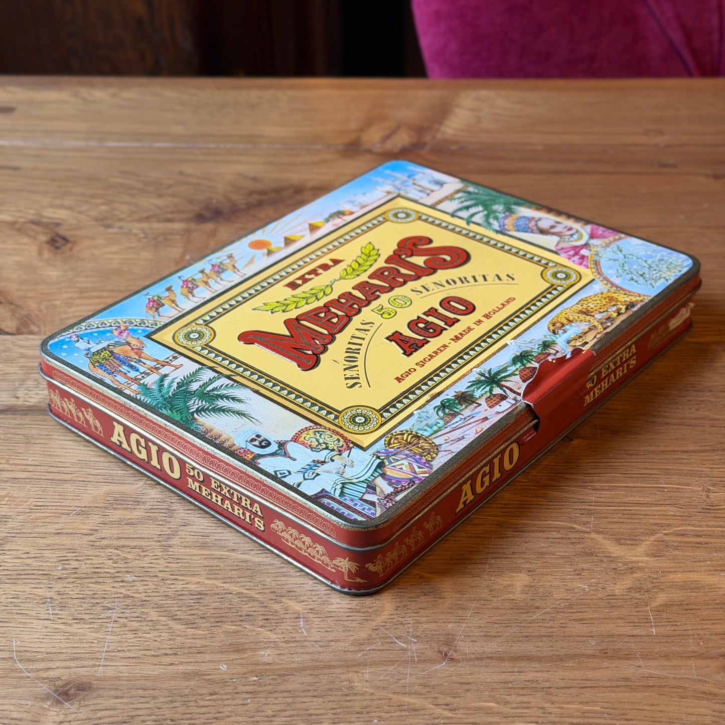 Vintage sigarenblik AGIO “Extra Mehari’s” – 50 Senoritas – lithografisch blik