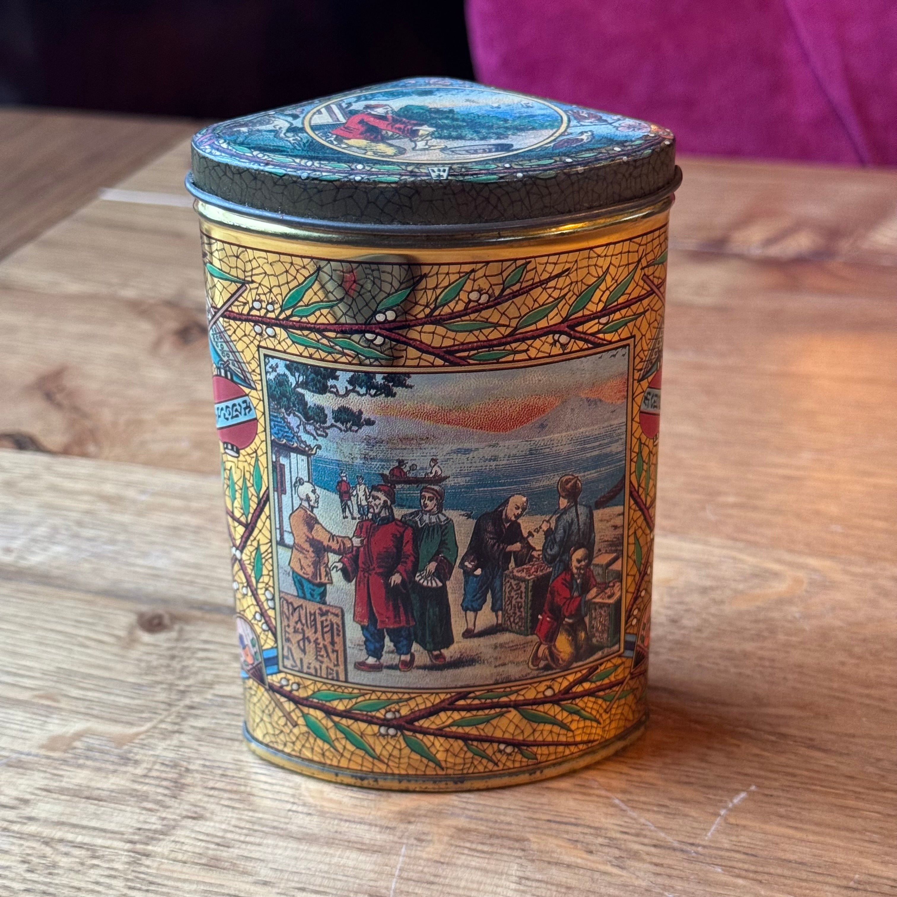 Antique Triangular Tea Tin - Chinoiserie &amp; Gold Crackle