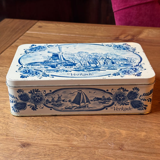 Vintage Verkade Tin - Delft Blue Decor - Mill &amp; Sailboat (Zaandam)