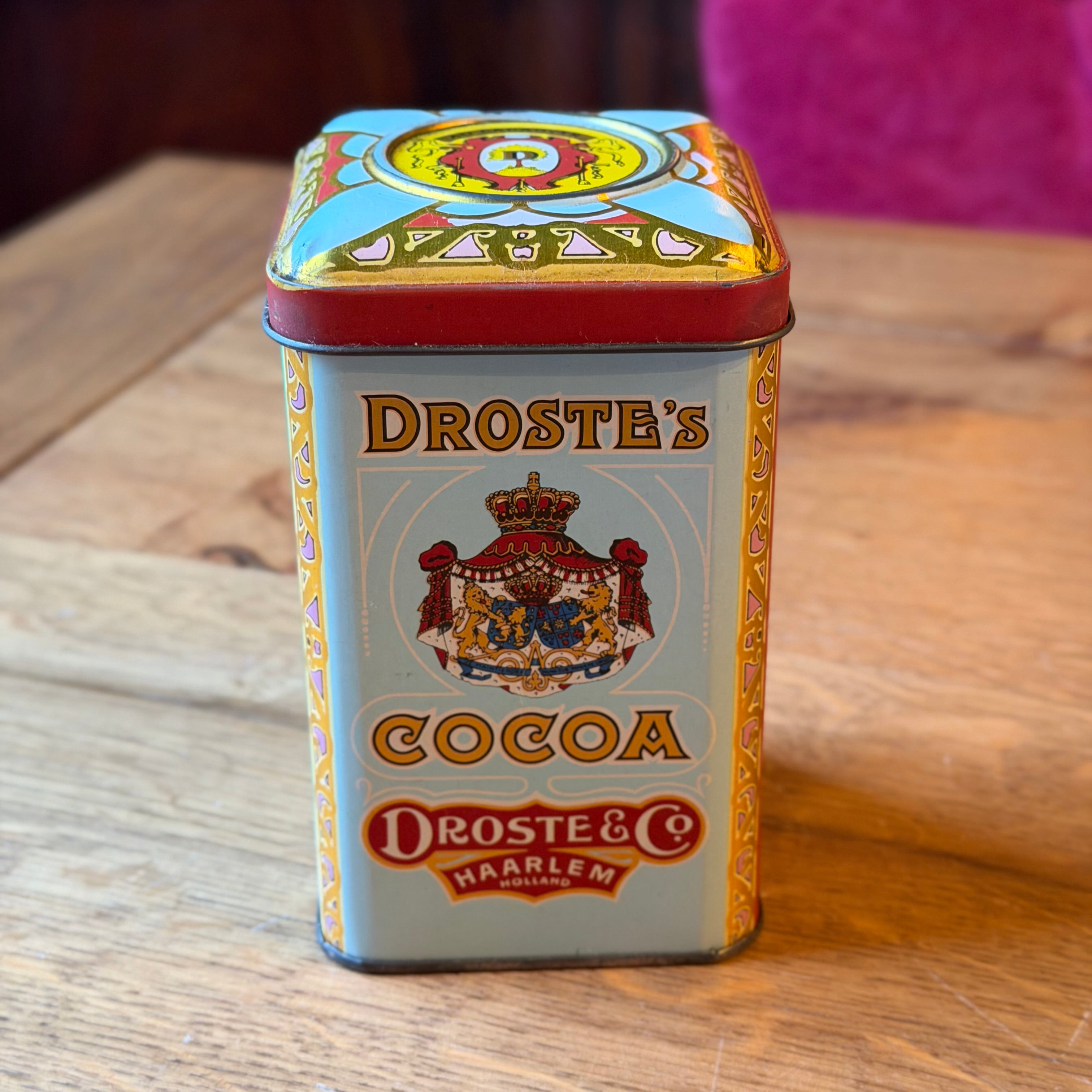 Antiek Droste’s Cocoa Blik met Opbollende Deksel en Cirkel – Exportuitvoering