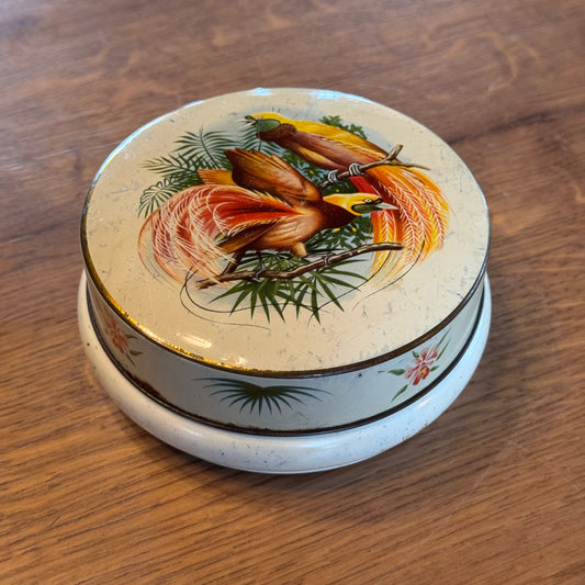 Rond blik met paradijsvogels – exotisch vintage blik ca. 1950–1960