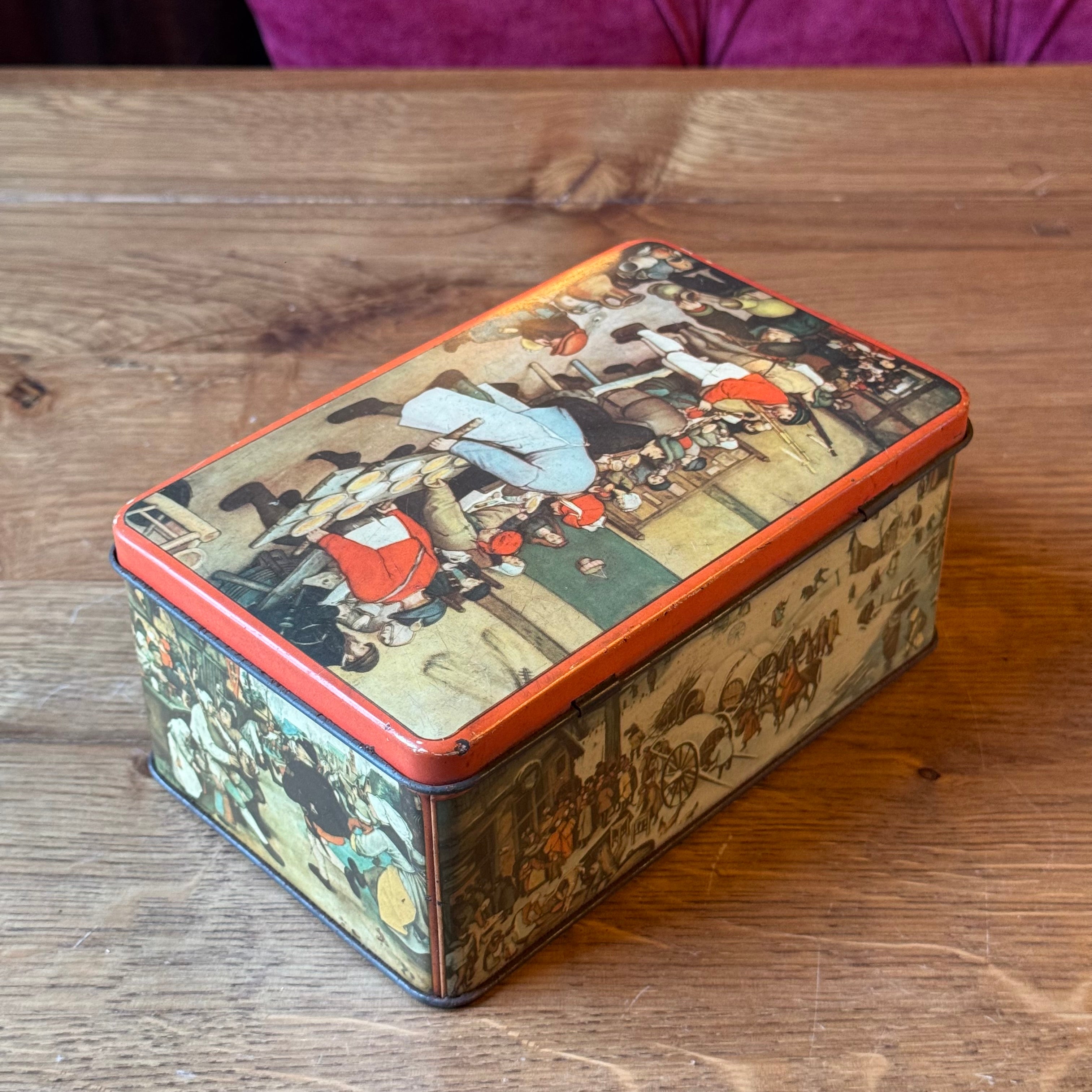 Antique Decorative Tin with Bruegel-esque Scene Illustrations