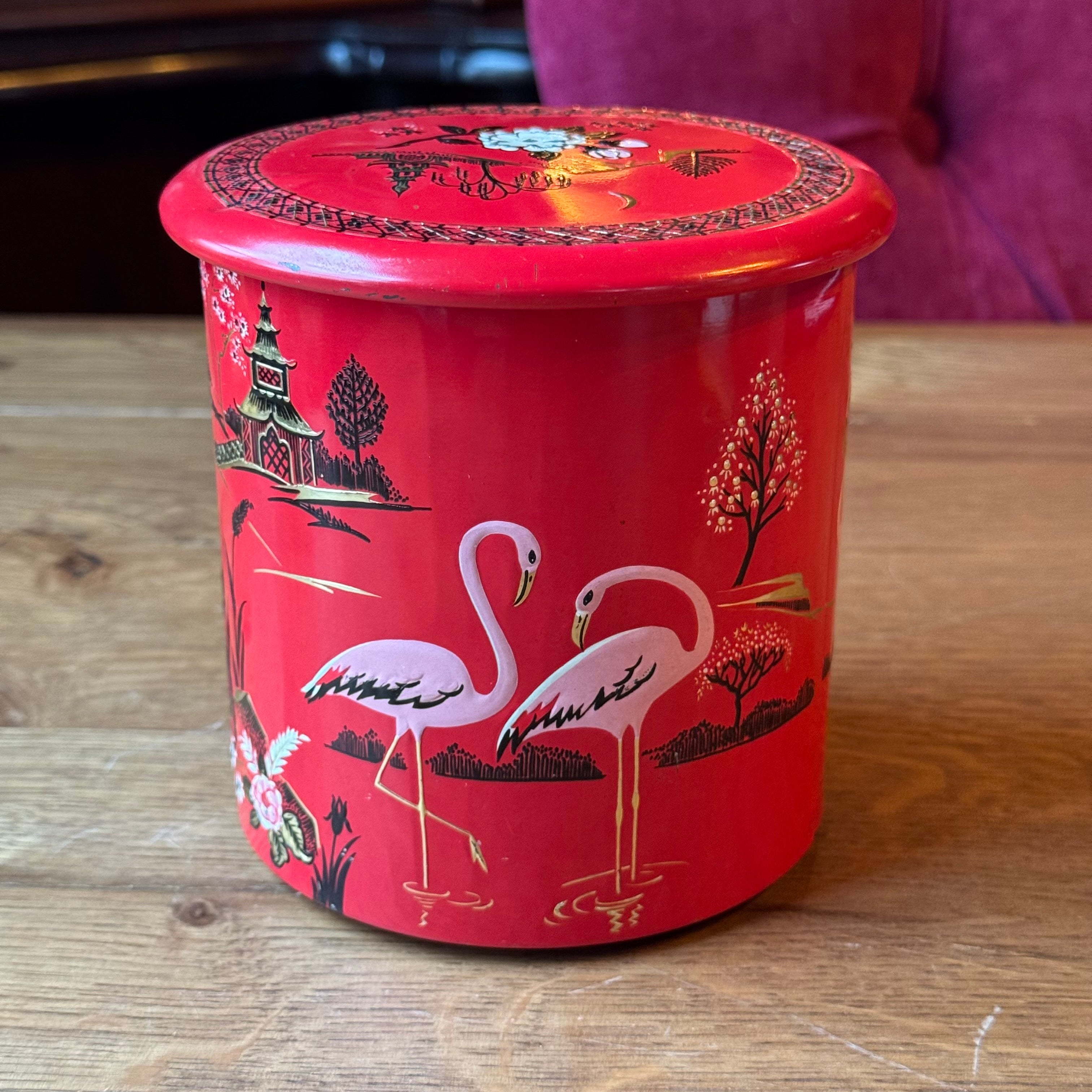 Vintage Engels Blik - Flamingo's & Pagode - Rood Chinoiserie (Jaren '50)