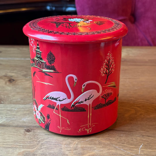 Vintage Engels Blik - Flamingo's & Pagode - Rood Chinoiserie (Jaren '50)
