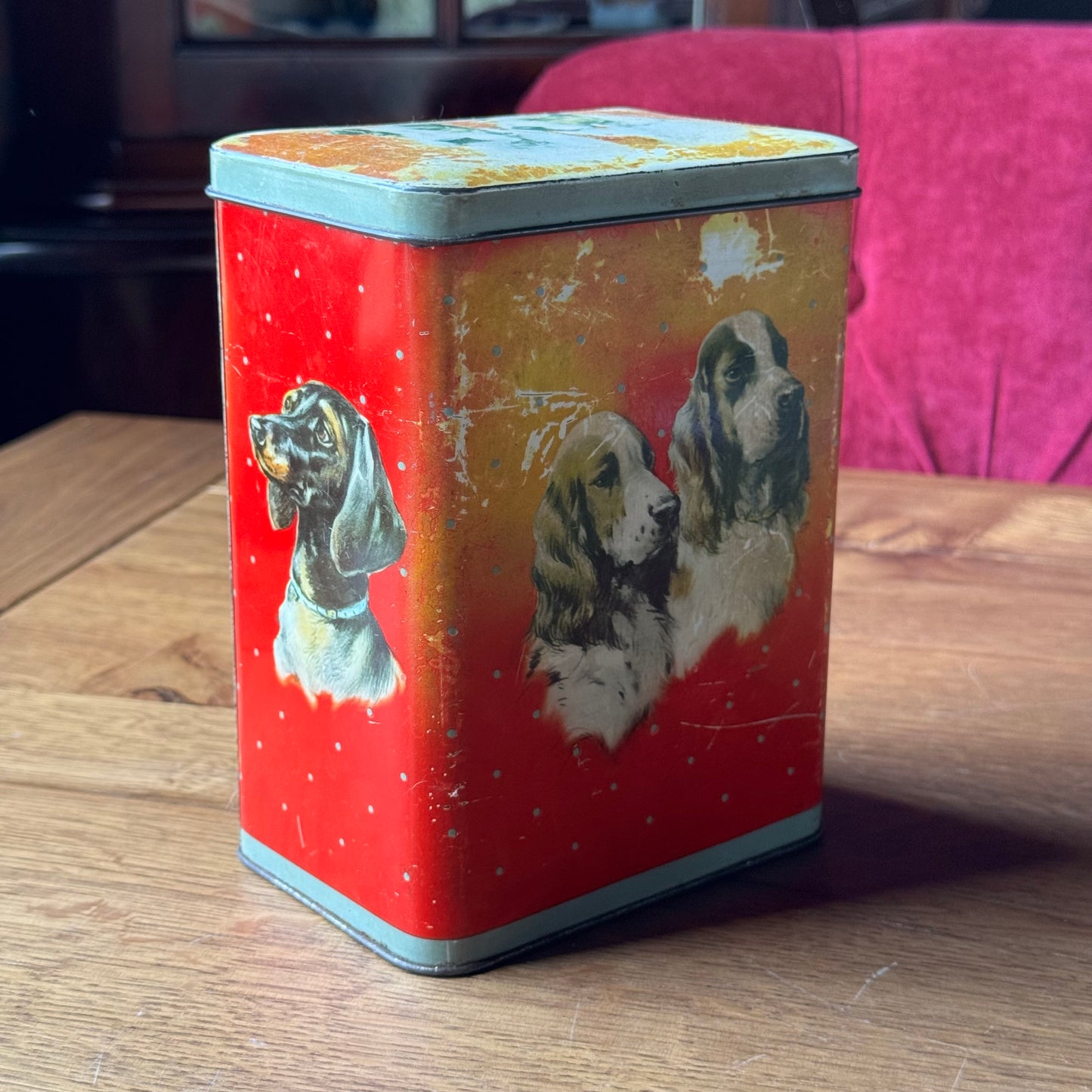 Vintage hondenblik – blik met spaniel & terrier illustraties (jaren 50–60)