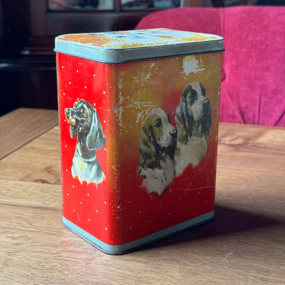 Vintage hondenblik – blik met spaniel & terrier illustraties (jaren 50–60)