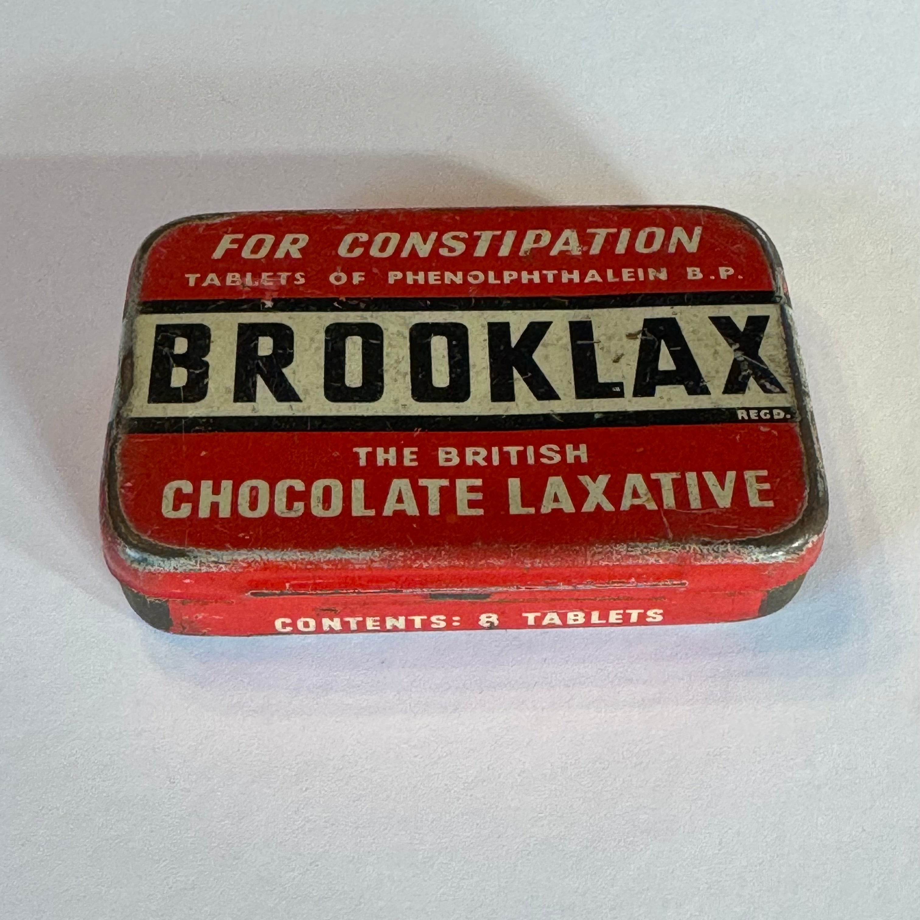 Brooklax “The British Chocolate Laxative” – vintage medicine tin – ca. 1940–1950