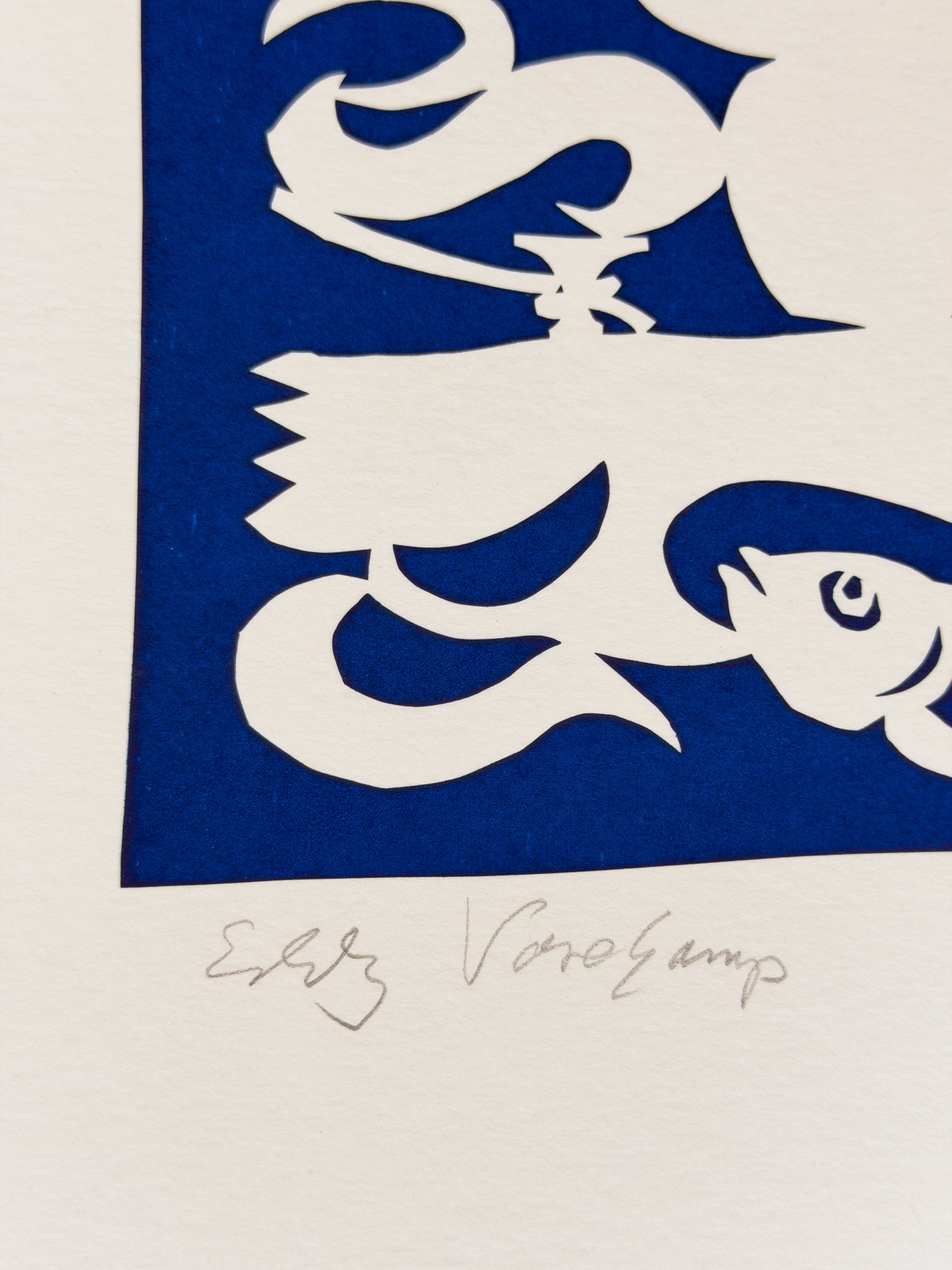 Screenprint Eddy Varekamp Two Figures with Fish Cobalt Blue 15/24