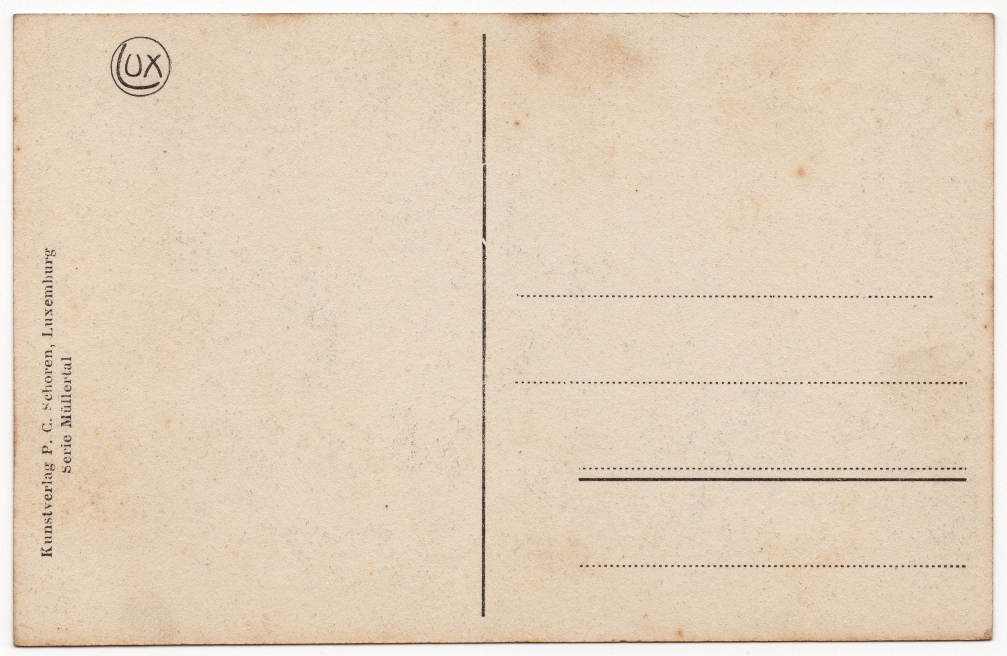 Achterzijde Zwart-wit ansichtkaart Labyrinth Petite Suisse luxembourgeoise, zandsteenformatie met natuurlijke opening, uitgave Schoren Luxemburg circa 1910