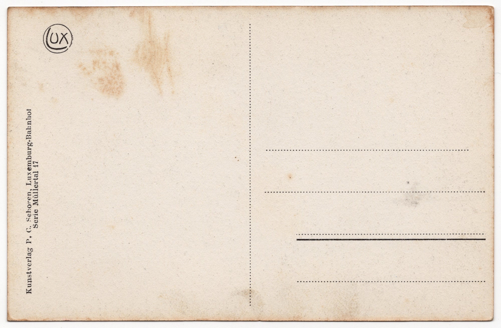 Achterzijde Zwart-wit ansichtkaart Schiessendempel Petite Suisse luxembourgeoise, Zwarte Ernz met stromend water, uitgave Schoren Luxemburg circa 1910