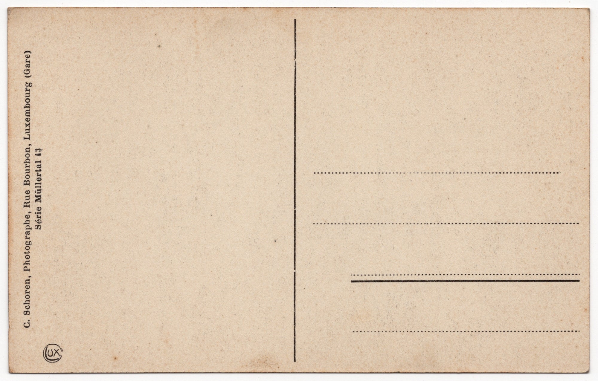 Achterzijde Zwart-wit ansichtkaart Sieveschlüff Petite Suisse luxembourgeoise, rotsspleet met stenen trap, uitgave C. Schoren Luxemburg circa 1910