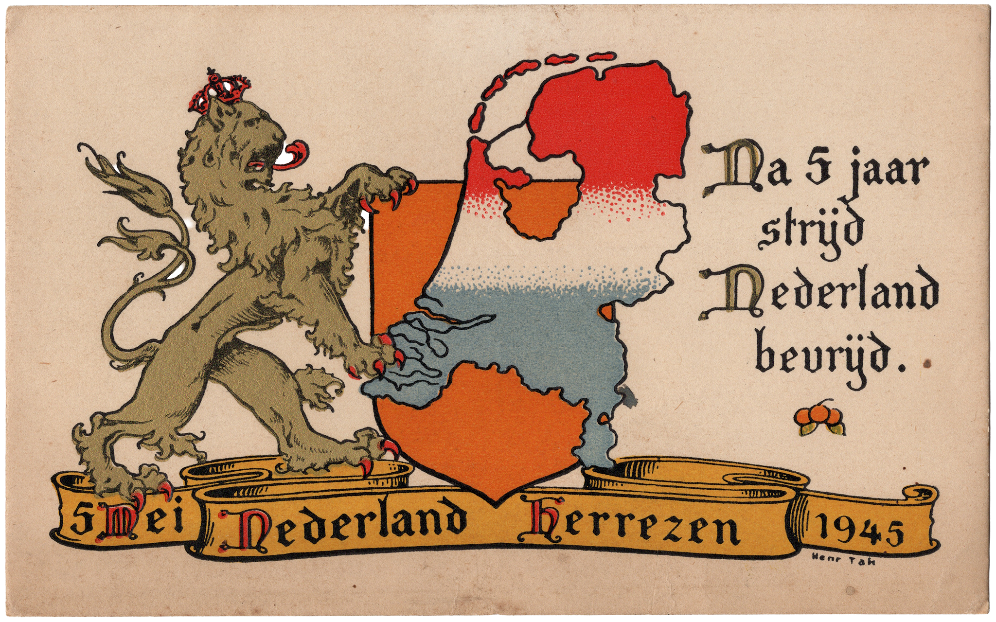 Bevrijdingskaart 1945 met Hollandse leeuw in gouden inkt en landkaart van Nederland in nationale kleuren, tekst Nederland Herrezen.