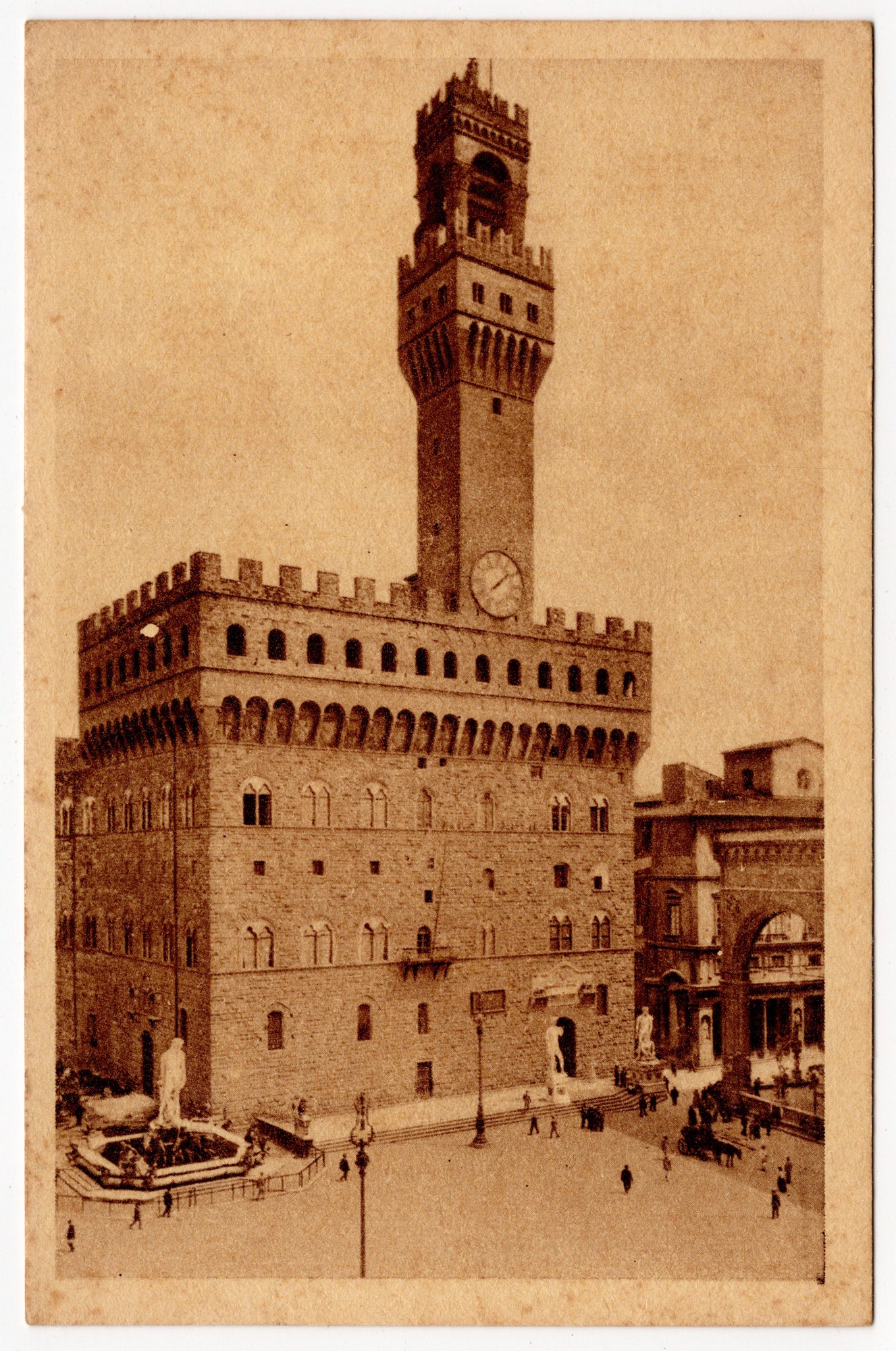 Italiaanse ansichtkaart jaren twintig of dertig, sepia lichtdruk Palazzo Vecchio Florence met Torre di Arnolfo en Piazza della Signoria, uitgave Edizioni Z.B.